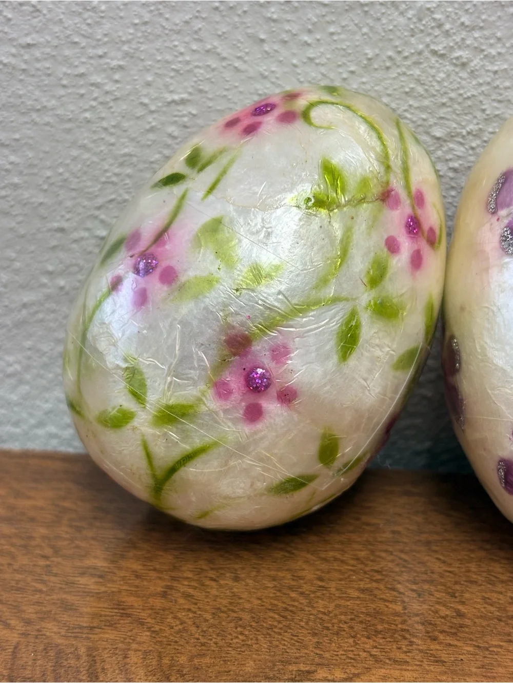 Vintage Pier 1 Imports Capiz Shell Floral Easter Eggs Set of 3 Handcrafted